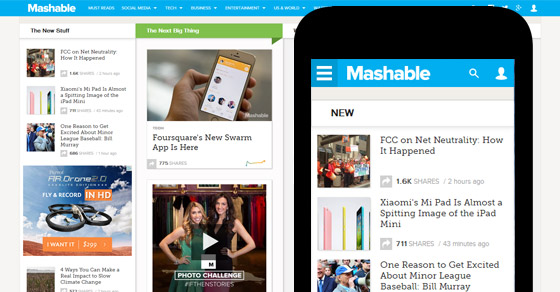 Example: Mashable automatically changes their style sheets to provide a smooth user experience, no matter what device you're on...